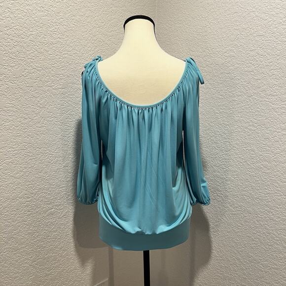 Vintage 90's Cache Light Blue Tie Shoulder 3/4 Sleeve Y2K Size Medium Wide Waist - Picture 4 of 8